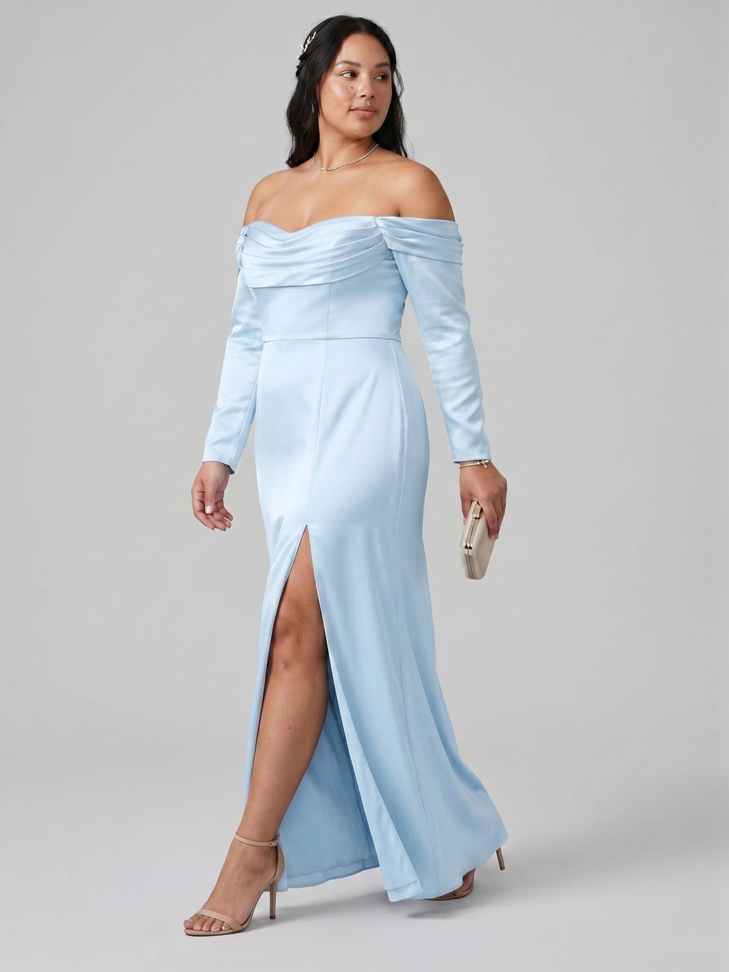 Elegant Sky Blue Satin column Off-the-Shoulder Back Zip Ankle-Length Plus Size Bridesmaid Dress - Curvevia