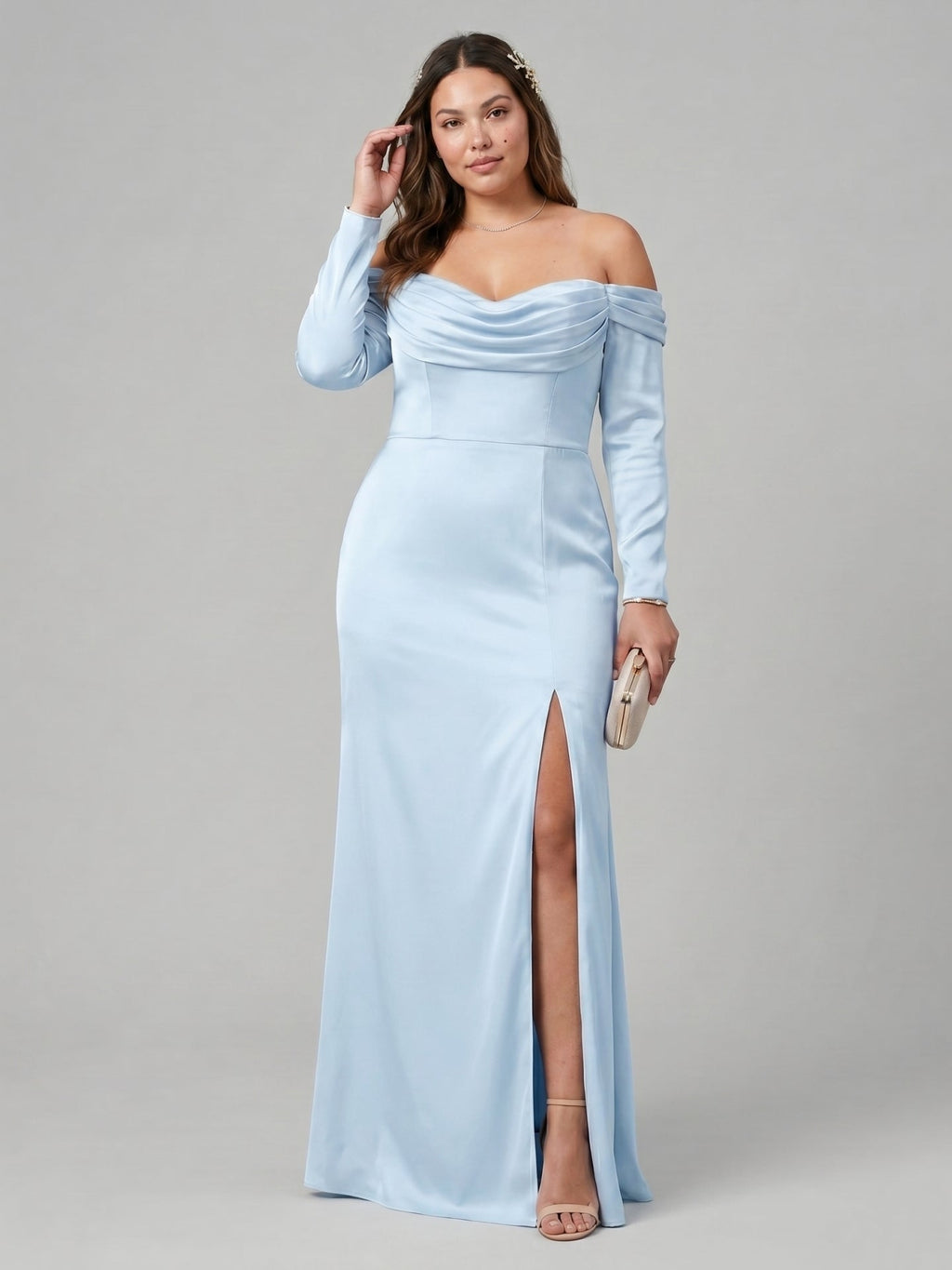 Elegant Sky Blue Satin column Off-the-Shoulder Back Zip Ankle-Length Plus Size Bridesmaid Dress - Curvevia