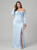 Elegant Sky Blue Satin column Off-the-Shoulder Back Zip Ankle-Length Plus Size Bridesmaid Dress - Curvevia