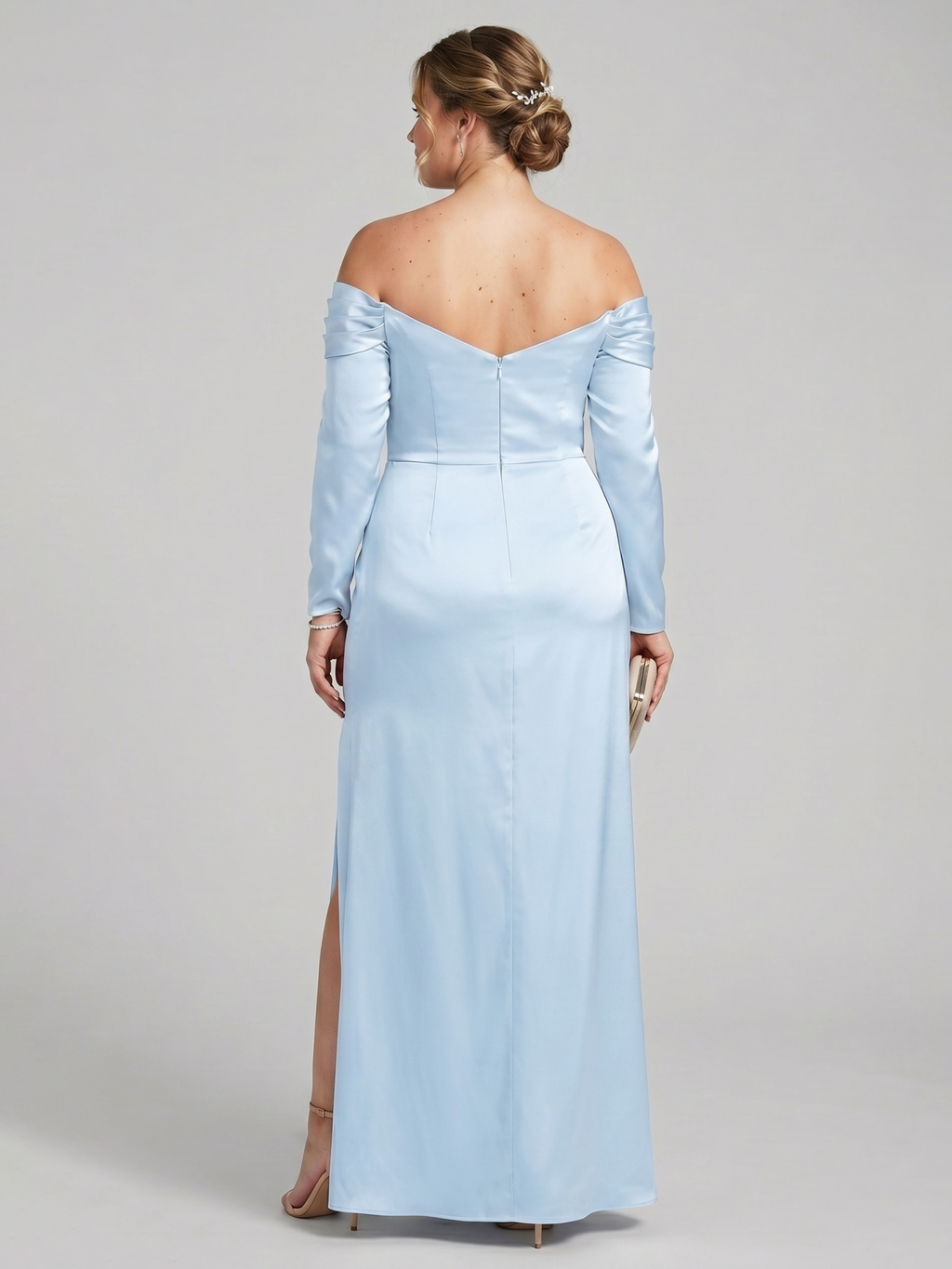 Elegant Sky Blue Satin column Off-the-Shoulder Back Zip Ankle-Length Plus Size Bridesmaid Dress - Curvevia