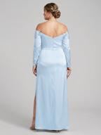 Elegant Sky Blue Satin column Off-the-Shoulder Back Zip Ankle-Length Plus Size Bridesmaid Dress - Curvevia