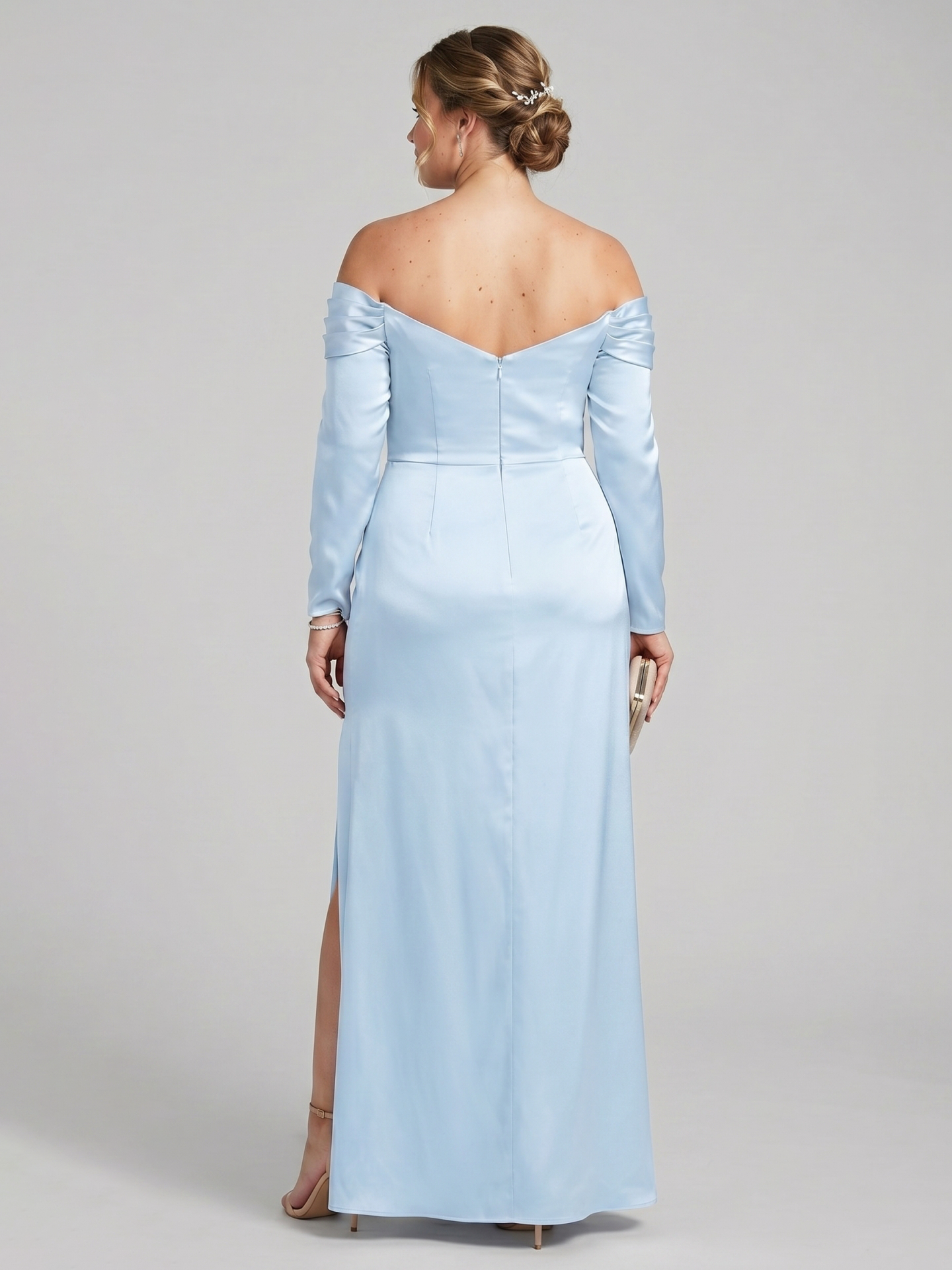 Elegant Sky Blue Satin column Off-the-Shoulder Back Zip Ankle-Length Plus Size Bridesmaid Dress - Curvevia