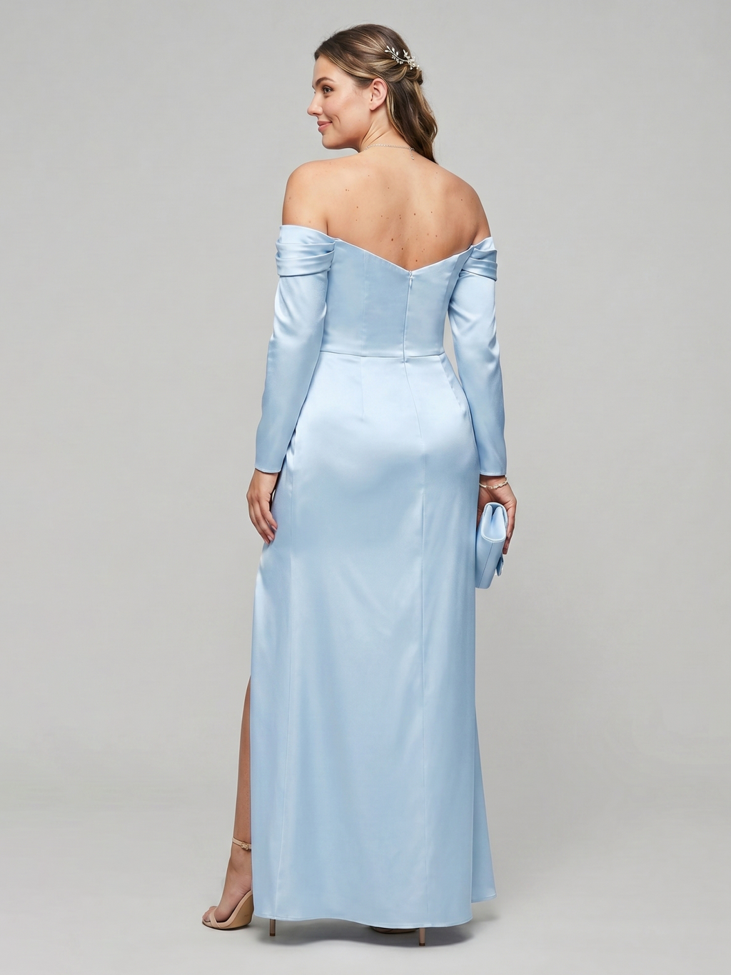 Elegant Sky Blue Satin column Off-the-Shoulder Back Zip Ankle-Length Plus Size Bridesmaid Dress - Curvevia