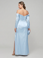 Elegant Sky Blue Satin column Off-the-Shoulder Back Zip Ankle-Length Plus Size Bridesmaid Dress - Curvevia