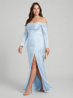 Elegant Sky Blue Satin column Off-the-Shoulder Back Zip Ankle-Length Plus Size Bridesmaid Dress - Curvevia