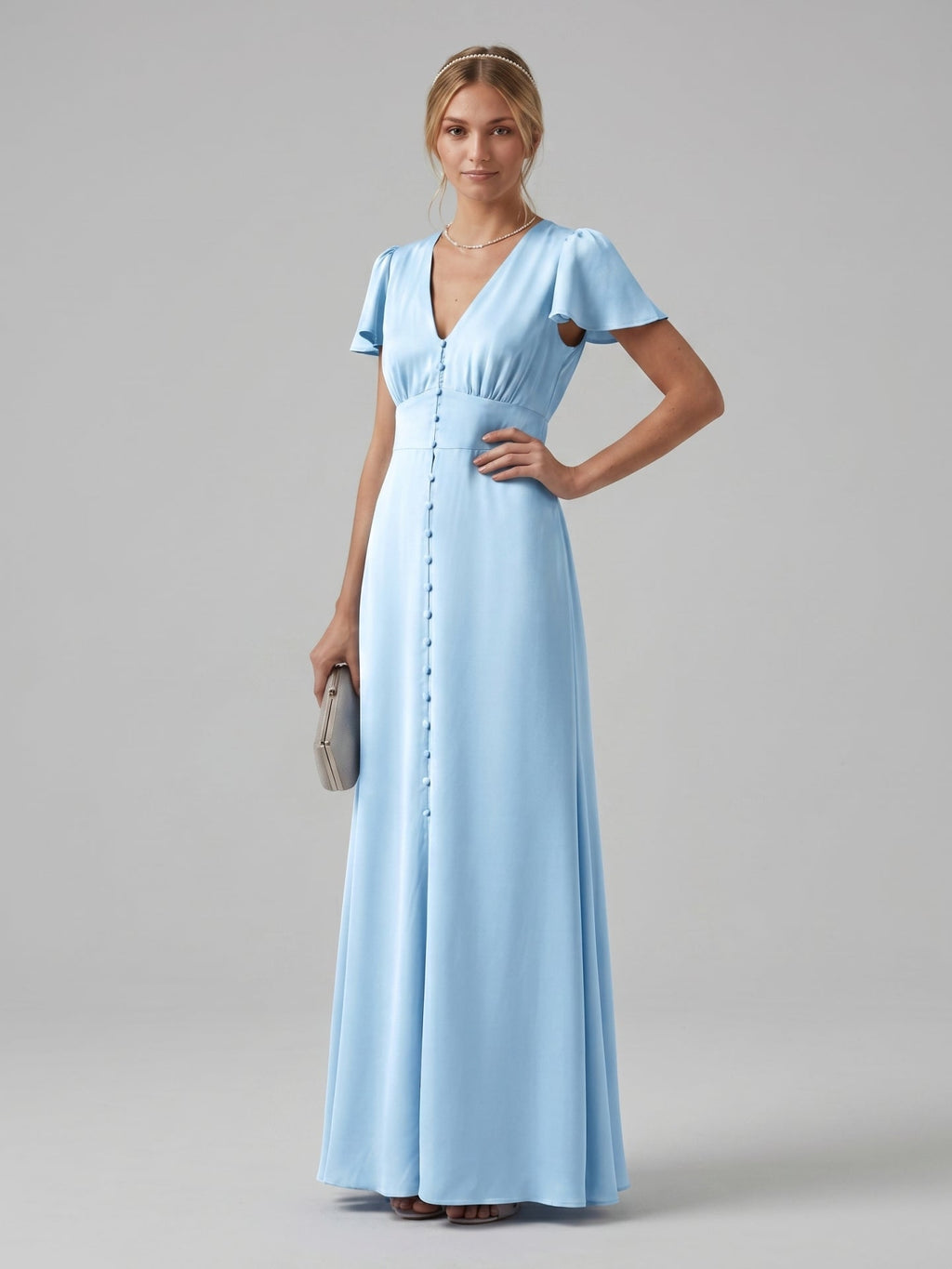Elegant Sky Blue Satin Sheath V-Neck Lace-up Ankle-Length Bridesmaid Dress - Curvevia