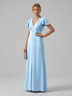 Elegant Sky Blue Satin Sheath V-Neck Lace-up Ankle-Length Bridesmaid Dress - Curvevia