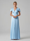 Elegant Sky Blue Satin Sheath V-Neck Lace-up Ankle-Length Bridesmaid Dress - Curvevia