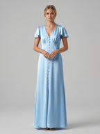 Elegant Sky Blue Satin Sheath V-Neck Lace-up Ankle-Length Bridesmaid Dress - Curvevia