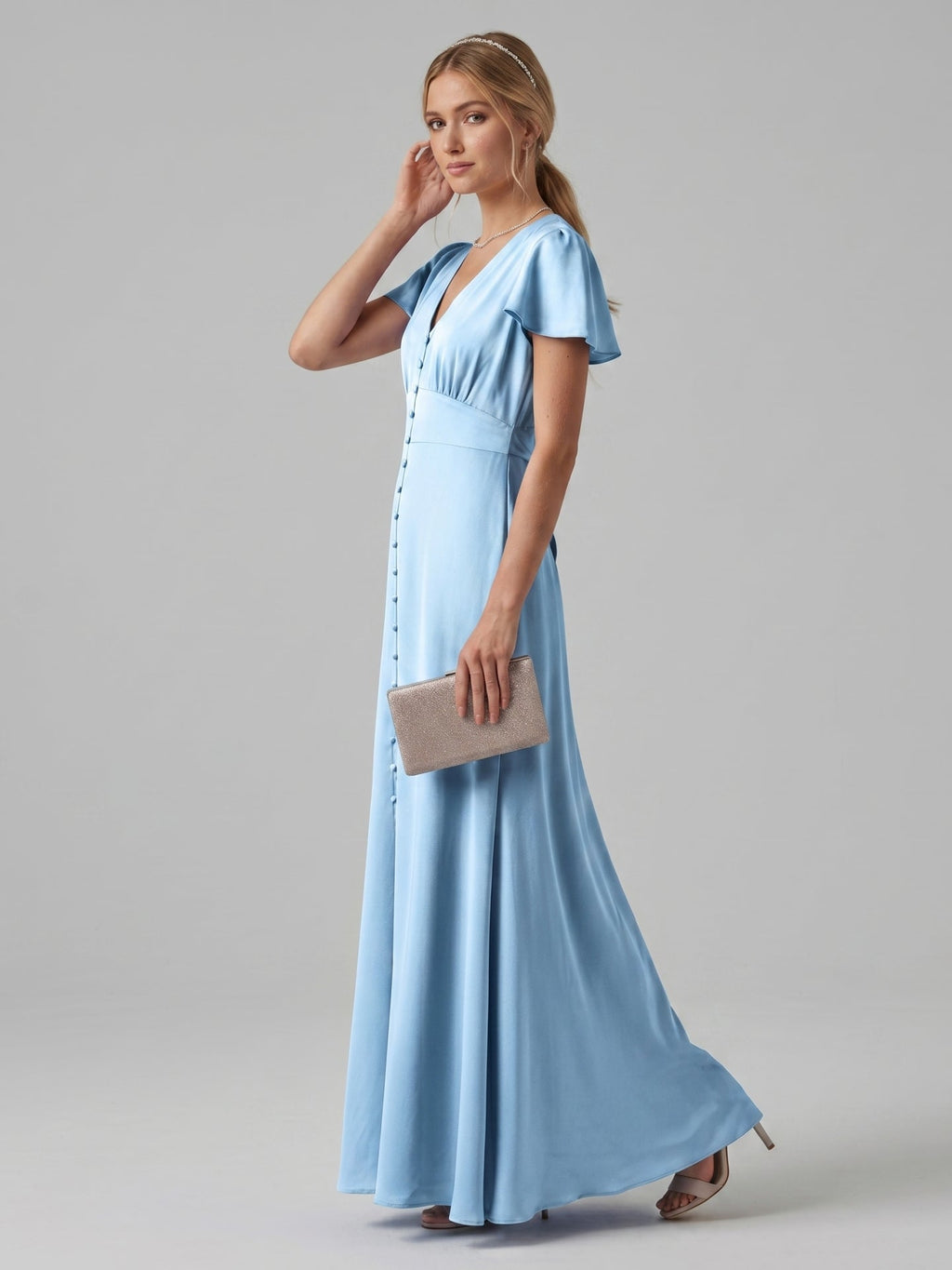 Elegant Sky Blue Satin Sheath V-Neck Lace-up Ankle-Length Bridesmaid Dress - Curvevia