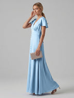 Elegant Sky Blue Satin Sheath V-Neck Lace-up Ankle-Length Bridesmaid Dress - Curvevia