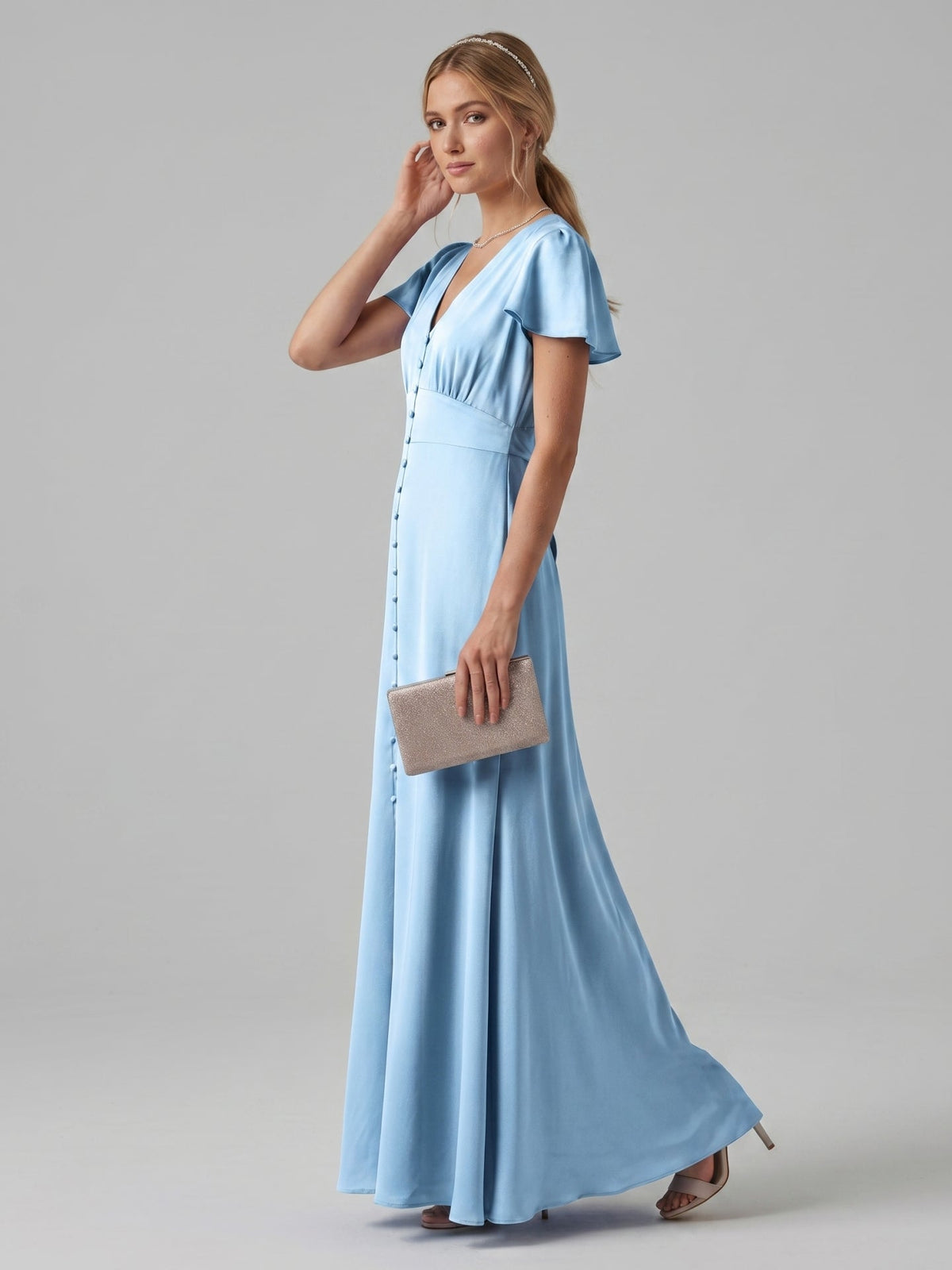 Elegant Sky Blue Satin Sheath V-Neck Lace-up Ankle-Length Bridesmaid Dress - Curvevia