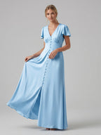 Elegant Sky Blue Satin Sheath V-Neck Lace-up Ankle-Length Bridesmaid Dress - Curvevia
