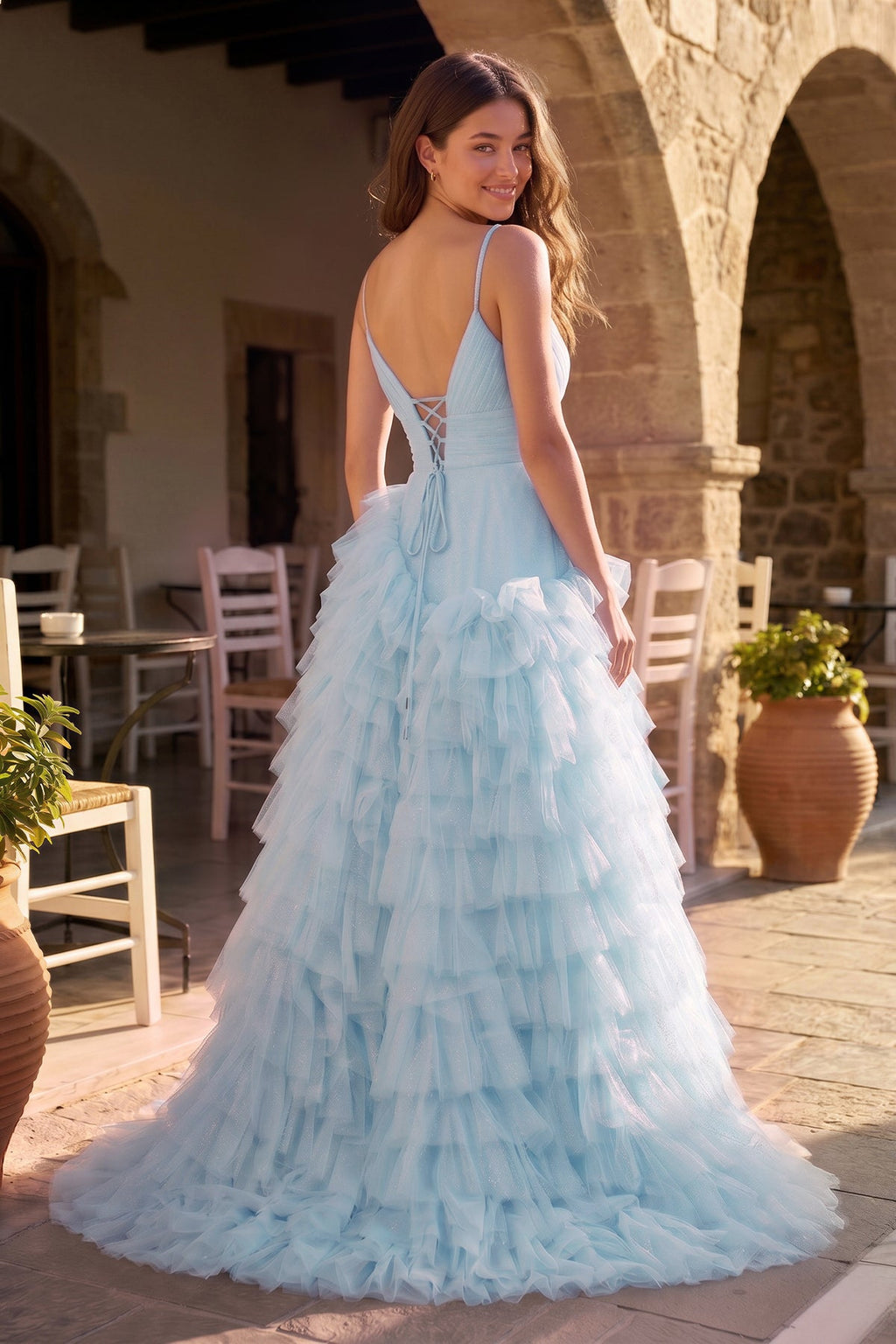 A-Line Spaghetti Straps Tiered Tulle Wedding Guest Dress - Curvevia