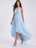 Sky Blue Chiffon A-Line Halter Back Zip Asymmetrical Bridesmaid Dress with Ruffles - Curvevia
