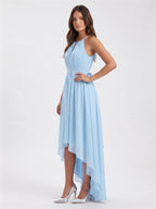 Sky Blue Chiffon A-Line Halter Back Zip Asymmetrical Bridesmaid Dress with Ruffles - Curvevia