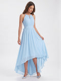 Sky Blue Chiffon A-Line Halter Back Zip Asymmetrical Bridesmaid Dress with Ruffles - Curvevia