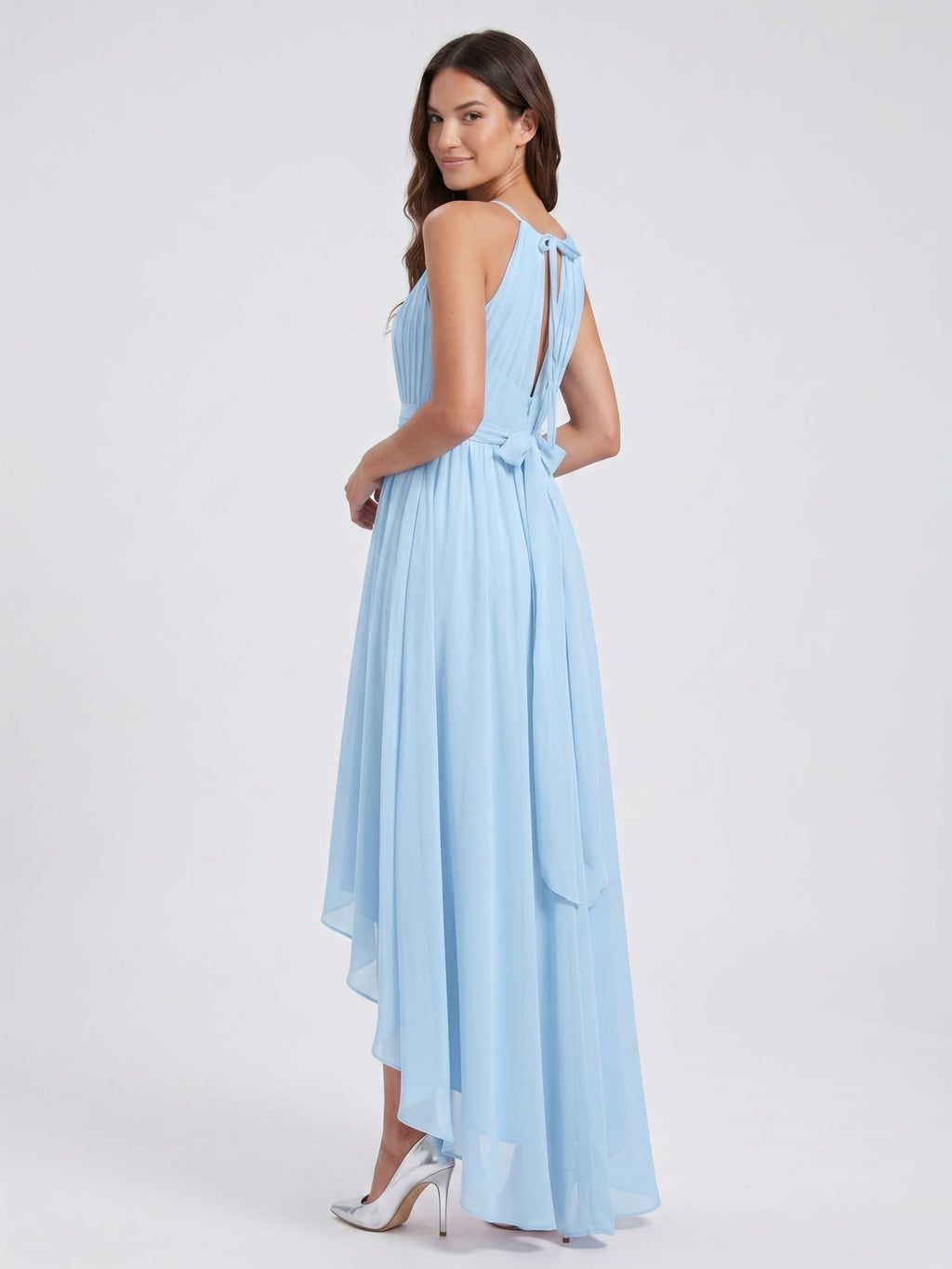 Sky Blue Chiffon A-Line Halter Back Zip Asymmetrical Bridesmaid Dress with Ruffles - Curvevia