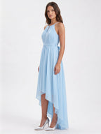 Sky Blue Chiffon A-Line Halter Back Zip Asymmetrical Bridesmaid Dress with Ruffles - Curvevia