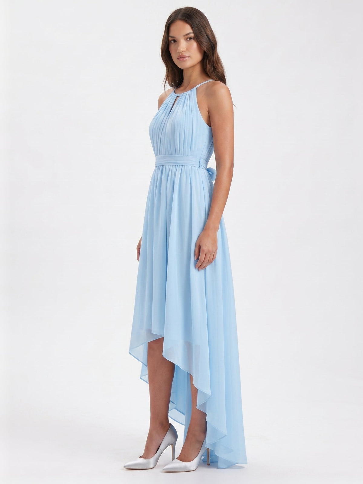 Sky Blue Chiffon A-Line Halter Back Zip Asymmetrical Bridesmaid Dress with Ruffles - Curvevia