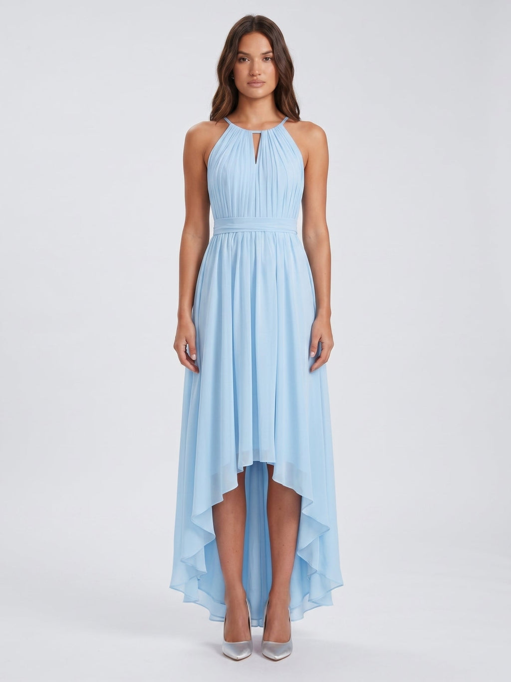 Sky Blue Chiffon A-Line Halter Back Zip Asymmetrical Bridesmaid Dress with Ruffles - Curvevia