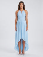Sky Blue Chiffon A-Line Halter Back Zip Asymmetrical Bridesmaid Dress with Ruffles - Curvevia