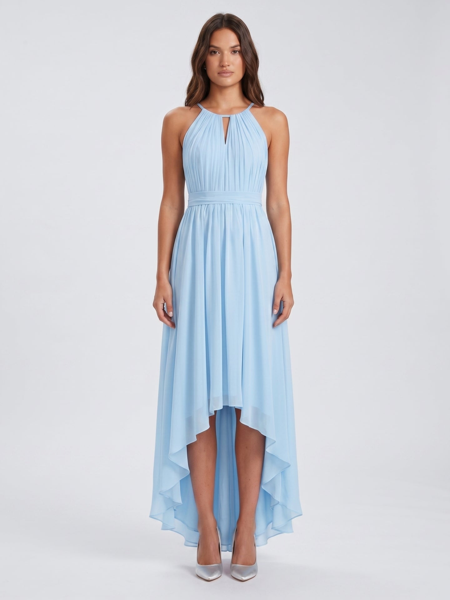 Sky Blue Chiffon A-Line Halter Back Zip Asymmetrical Bridesmaid Dress with Ruffles - Curvevia