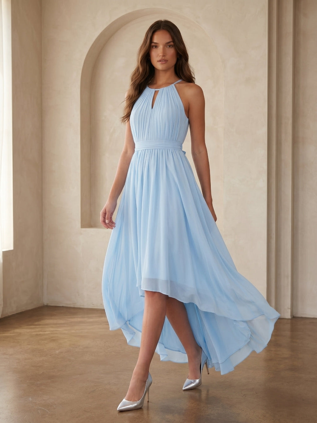 Sky Blue Chiffon A-Line Halter Back Zip Asymmetrical Bridesmaid Dress with Ruffles - Curvevia
