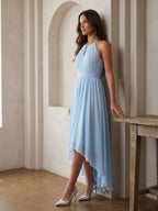 Sky Blue Chiffon A-Line Halter Back Zip Asymmetrical Bridesmaid Dress with Ruffles - Curvevia