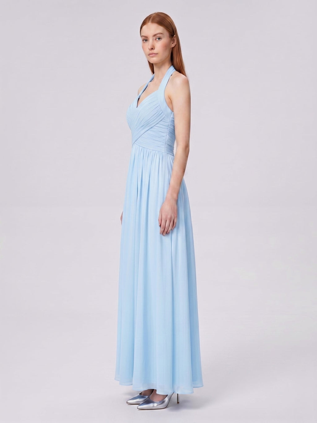 Sky Blue Chiffon A-Line Halter Back Zip Floor-Length Bridesmaid Dress with Pleats - Curvevia