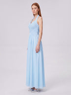 Sky Blue Chiffon A-Line Halter Back Zip Floor-Length Bridesmaid Dress with Pleats - Curvevia