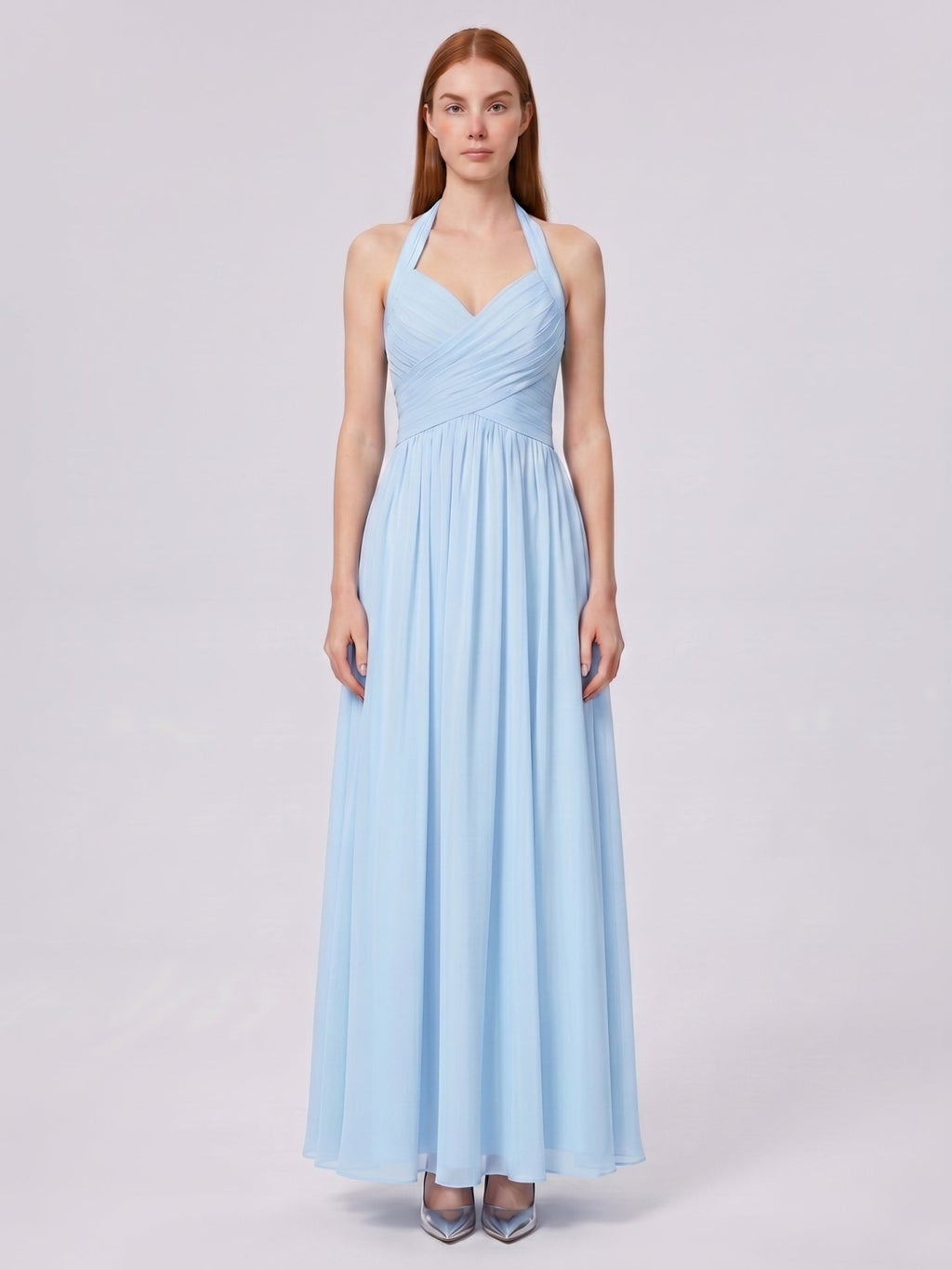 Sky Blue Chiffon A-Line Halter Back Zip Floor-Length Bridesmaid Dress with Pleats - Curvevia