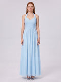Sky Blue Chiffon A-Line Halter Back Zip Floor-Length Bridesmaid Dress with Pleats - Curvevia