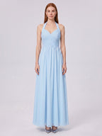 Sky Blue Chiffon A-Line Halter Back Zip Floor-Length Bridesmaid Dress with Pleats - Curvevia