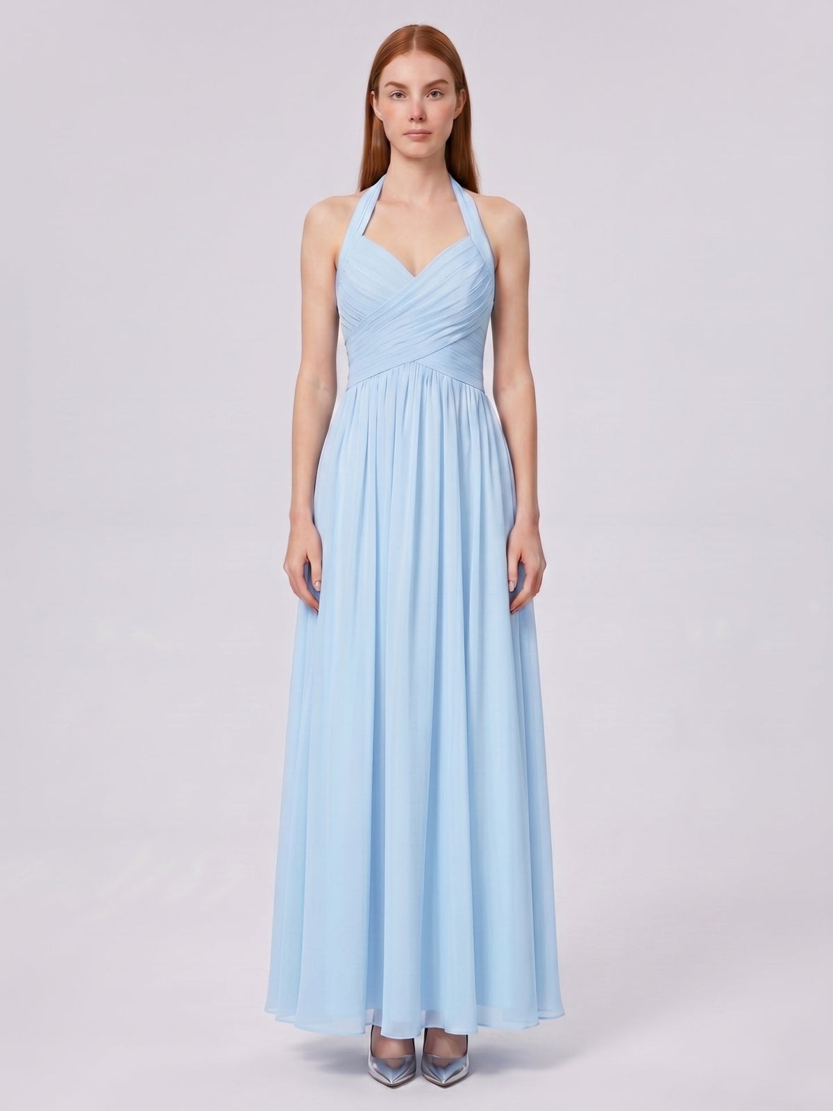 Sky Blue Chiffon A-Line Halter Back Zip Floor-Length Bridesmaid Dress with Pleats - Curvevia