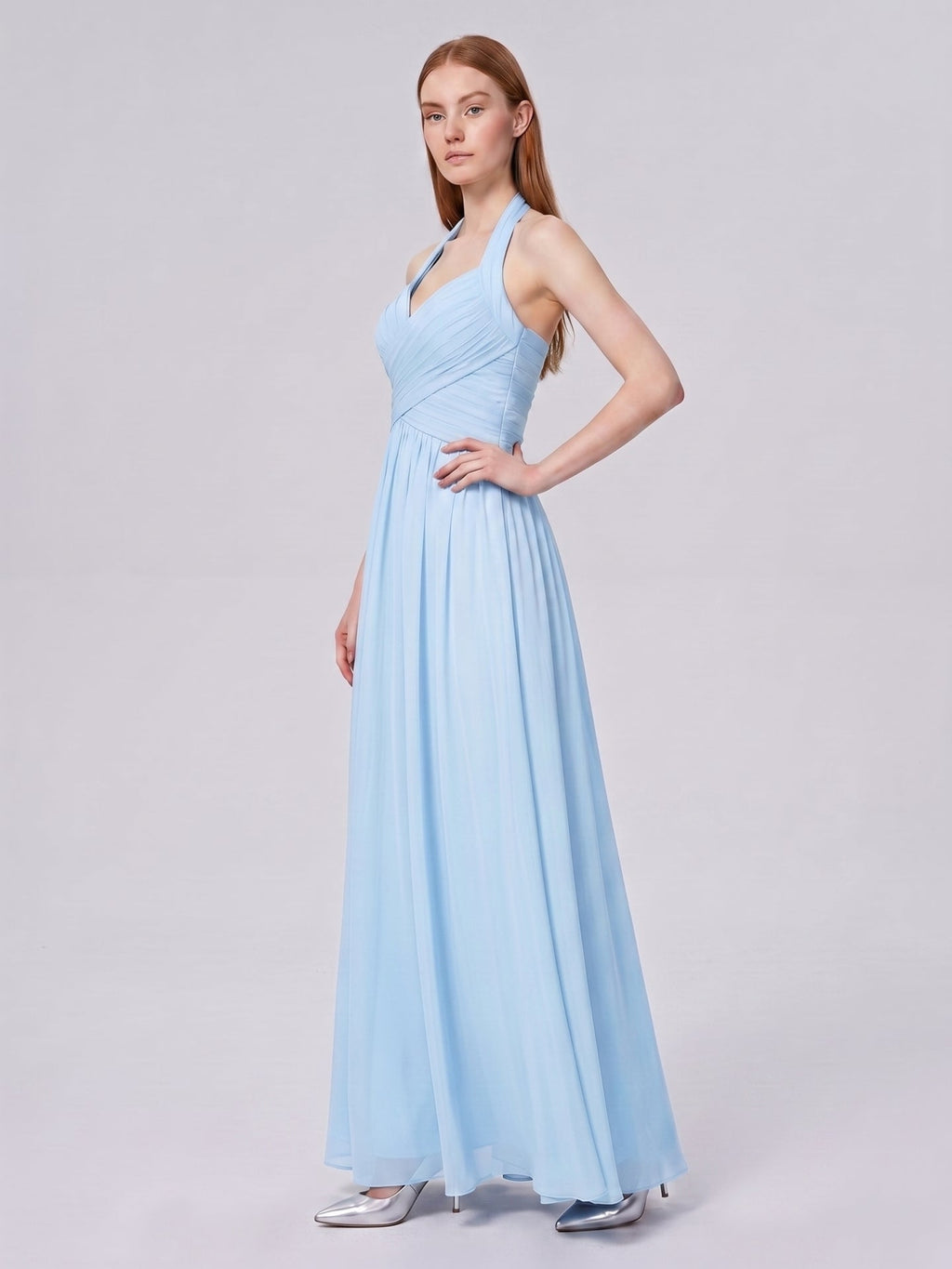 Sky Blue Chiffon A-Line Halter Back Zip Floor-Length Bridesmaid Dress with Pleats - Curvevia