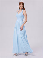 Sky Blue Chiffon A-Line Halter Back Zip Floor-Length Bridesmaid Dress with Pleats - Curvevia