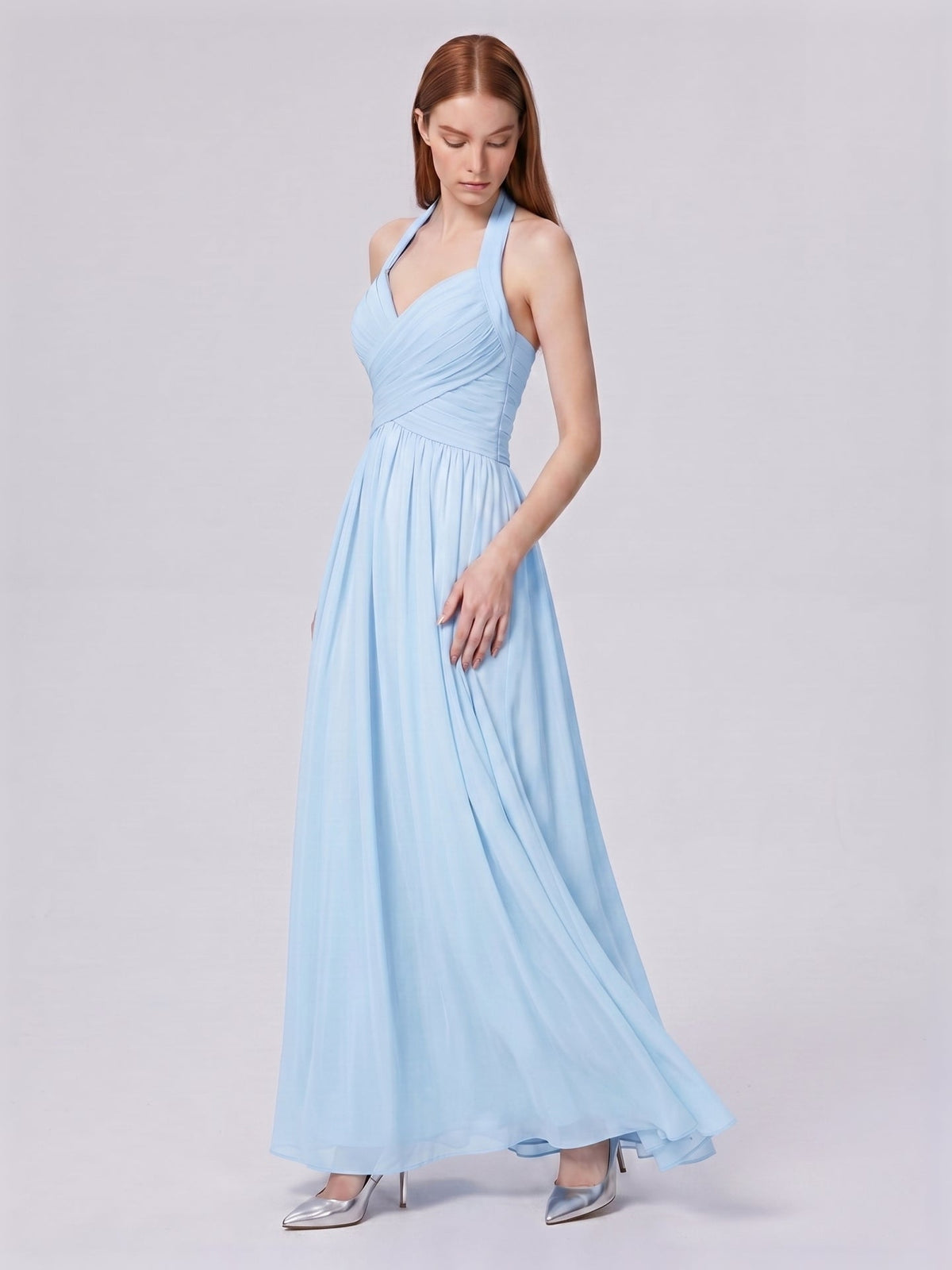 Sky Blue Chiffon A-Line Halter Back Zip Floor-Length Bridesmaid Dress with Pleats - Curvevia
