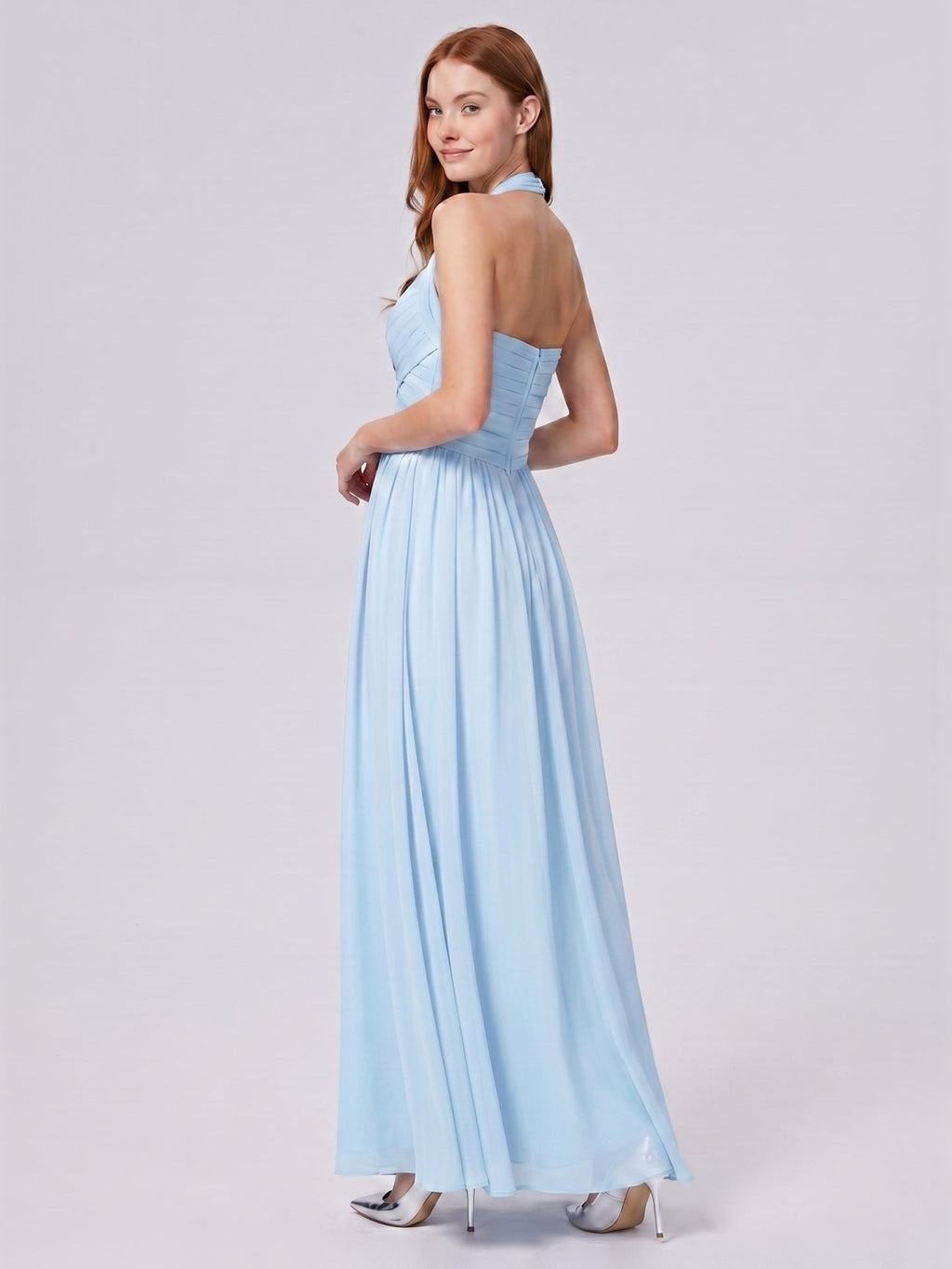 Sky Blue Chiffon A-Line Halter Back Zip Floor-Length Bridesmaid Dress with Pleats - Curvevia