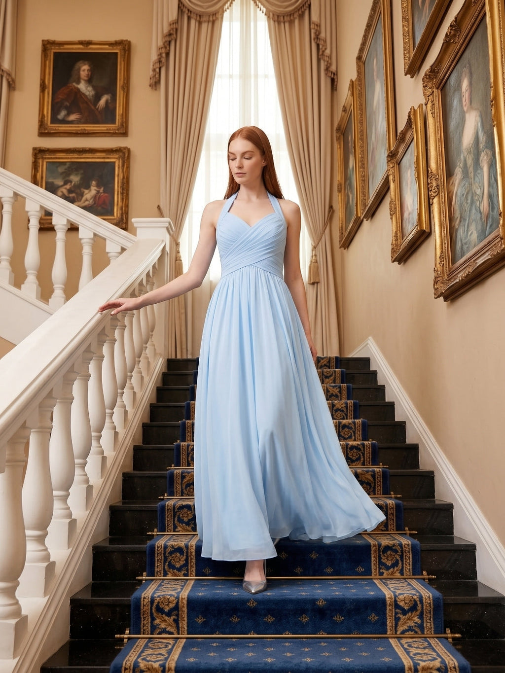 Sky Blue Chiffon A-Line Halter Back Zip Floor-Length Bridesmaid Dress with Pleats - Curvevia