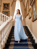 Sky Blue Chiffon A-Line Halter Back Zip Floor-Length Bridesmaid Dress with Pleats - Curvevia