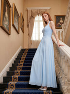 Sky Blue Chiffon A-Line Halter Back Zip Floor-Length Bridesmaid Dress with Pleats - Curvevia