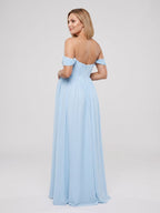 Sky Blue Chiffon A-Line Off-the-Shoulder Ankle-Length Maternity Bridesmaid Dress - Curvevia