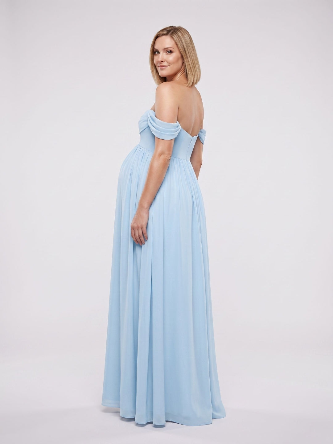 Sky Blue Chiffon A-Line Off-the-Shoulder Ankle-Length Maternity Bridesmaid Dress - Curvevia