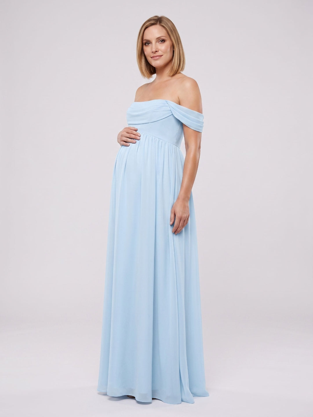 Sky Blue Chiffon A-Line Off-the-Shoulder Ankle-Length Maternity Bridesmaid Dress - Curvevia