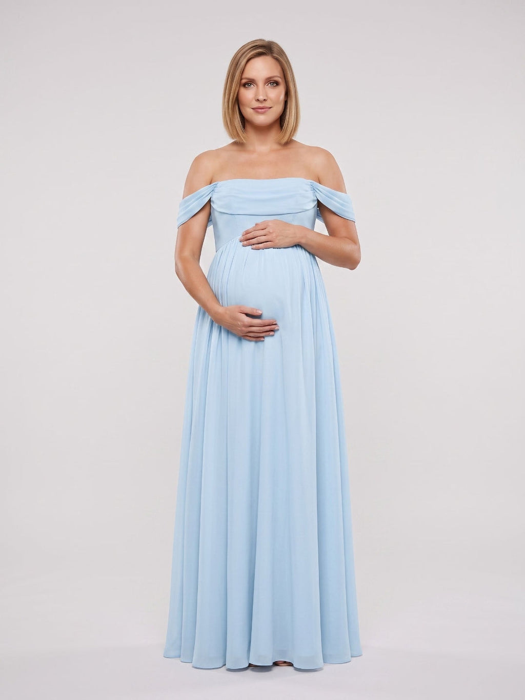 Sky Blue Chiffon A-Line Off-the-Shoulder Ankle-Length Maternity Bridesmaid Dress - Curvevia