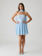 Sky Blue Chiffon A-Line Off-the-Shoulder Lace-Up Back Short Dress with Sequins - Curvevia