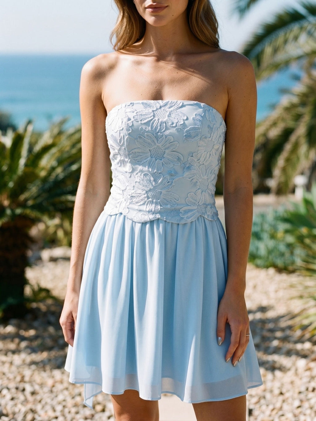 Sky Blue Chiffon A-Line Off-the-Shoulder Lace-Up Back Short Dress with Sequins - Curvevia