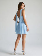 Sky Blue Chiffon A-Line Off-the-Shoulder Lace-Up Back Short Dress with Sequins - Curvevia