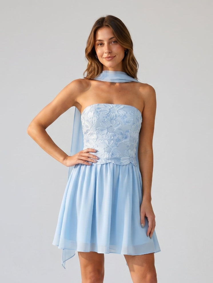 Sky Blue Chiffon A-Line Off-the-Shoulder Lace-Up Back Short Dress with Sequins - Curvevia
